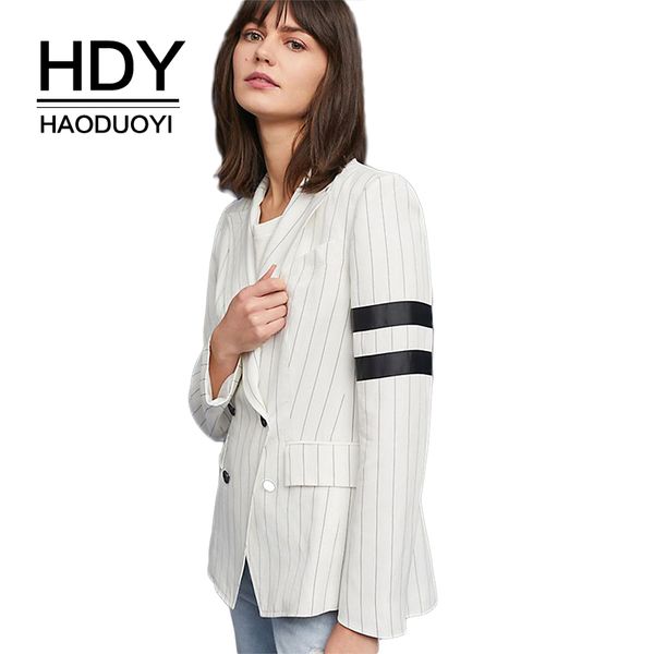 

hdy haoduoyi striped double breasted notched high low coat casual long sleeve pocket side split brief gored autumn blazer, White;black