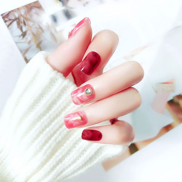 

zhou 24pcs/set short false nails rivet and charming blooming red fashion design false nails summer full cover artificial, Red;gold