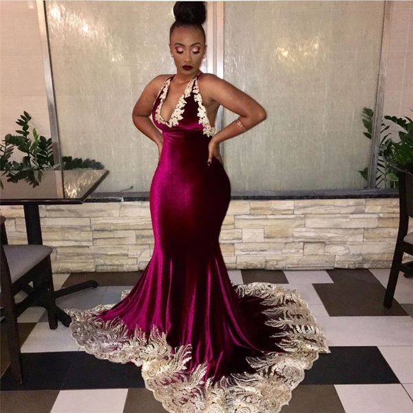 

mermaid deep v neck crisscross back appliqued plus size burgundy velvet prom dresses lace prom gowns vestidos, Black