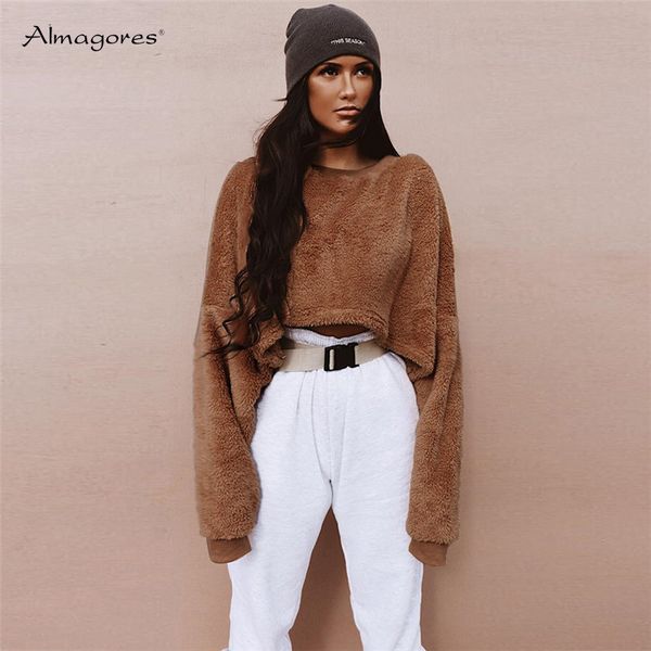 

women autumn long sleeve pullover women casual winter o-neck fur jacket solid flocking short coat fashion slim crop, Black