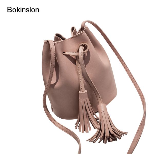 

bokinslon tassel shoulder bags girls pu leather retro woman crossbody bags solid color fashion drawstring female