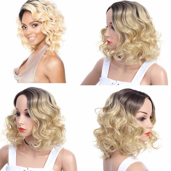 Short Wave Ombre Blonde Bob Hair Dark Roots Synthetic Side Part