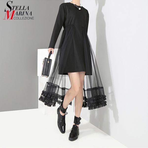 

new 2018 women autumn solid black blue mini dress outer with mesh stitched long sleeve girls cute wear party club dresses 3809, White;black