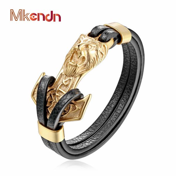 

whole salemkendn new mens bracelets gold leo lion stainless steel anchor shackles black leather bracelet men wristband fashion jewelry, Golden;silver