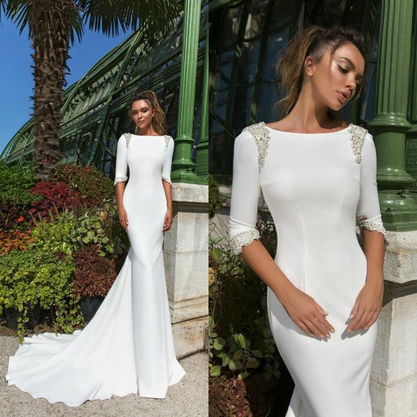 

скромный атлас русалка 2018 свадебные платья jewel шеи половина длинным рукавом бисером свадебное платье элегантный плюс размер свадебные пл, White
