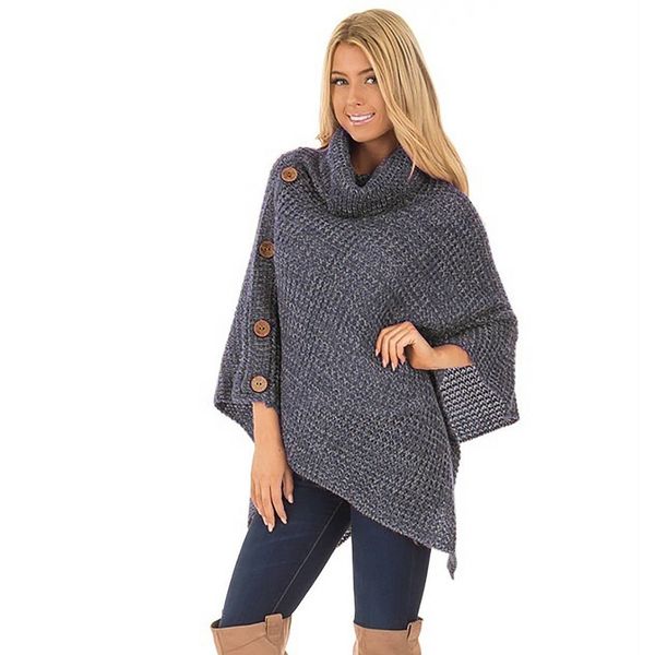 Plus Size Moda Donna Autunno Pipistrello Maglioni Mantelli Poncho Dolcevita Mantelle Bottoni larghi Lavorati a maglia Maglioni irregolari Pullover