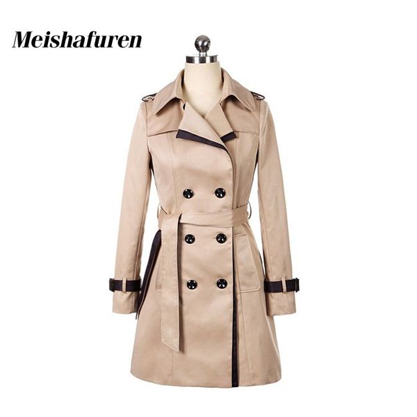 

wholesale- donna women trench coat khaki black patchwork turn-down collar casual double-breasted windbreaker slim coats with belt w349z, Tan;black