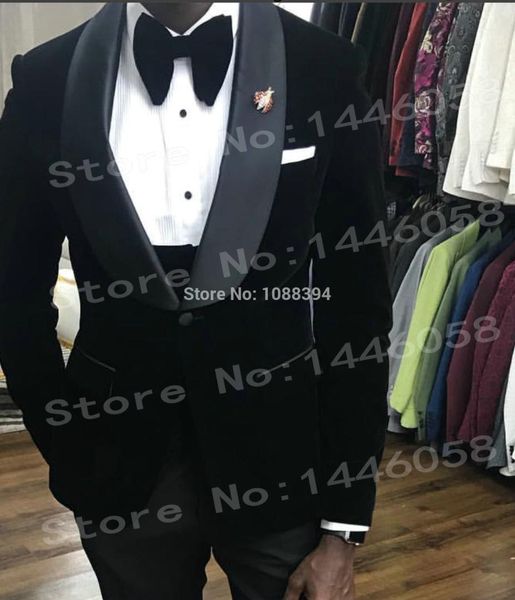 

2018 brand mens classic 3 pieces set black velvet suits stylish shawl lapel wedding groom slim fit tuxedo prom costume homme, White;black