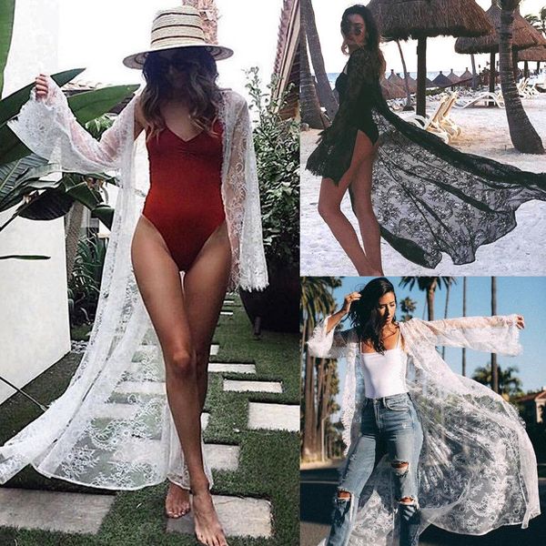 

women long maxi coats swimsuit long sleeve beach lace trench translucent bathing suit cool fashion female clothes, Tan;black
