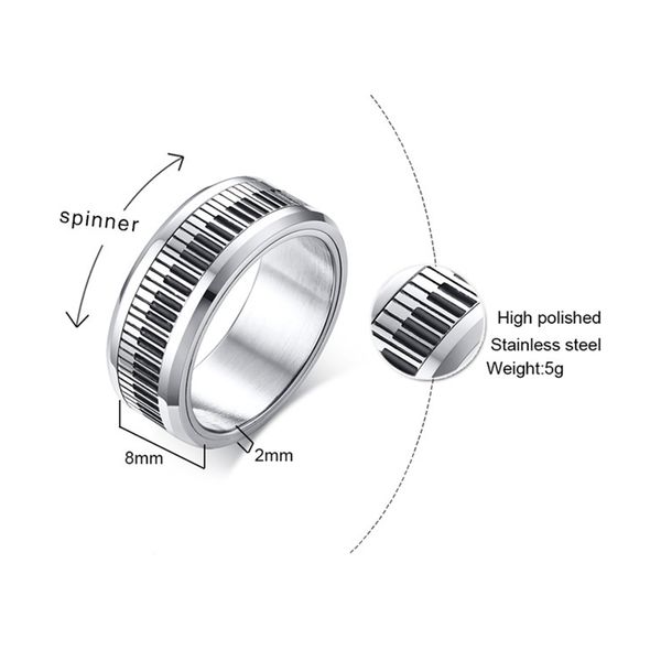 

us size 8-12 8mm stainless steel black white piano keys ring black&silver color spinner rings men's unique jewelry, Golden;silver