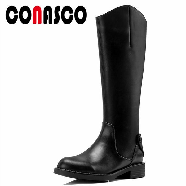 

conasco 1fashion women mid-calf boots genuine leather square heels shoes woman autumn winter office lady round toe basic boots, Black