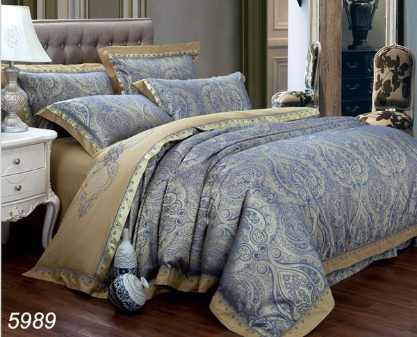 Золотой синий вышитый жаккардовый шелковый постельные принадлежности свадьба 4шт кровать набор домой текстильная бельневая новая мода горячая распродажа 5989