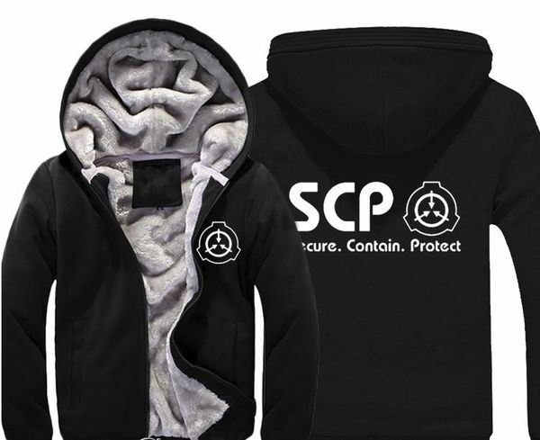 

scp secure contain protect hoodie men's casual winter jacket coat warm thicken fleece zip up sweatshirts for men and women, Black