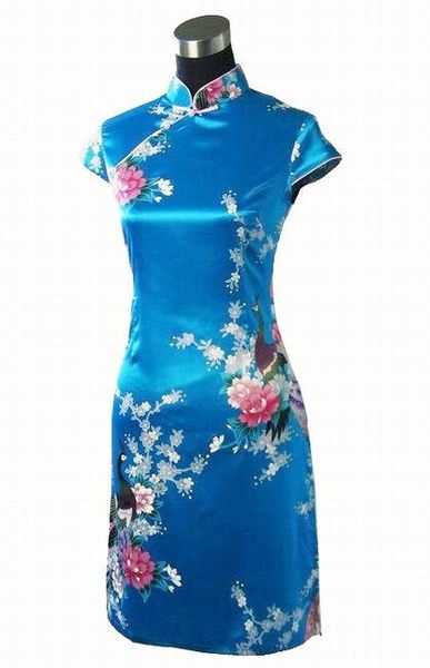 

blue print peacock&flower summer casual dress chinese women faux silk qipao cheongsam short mini dress s  l xl xxl nc006, Red