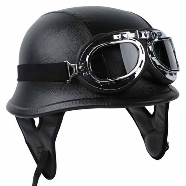 

MAYITR Black Motorcycle DOT German Style Half Helmet + Goggles for Harley Biker Pilot Unisex Motorbike Helmets M/L/XL Size