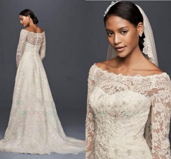 Oleg Cassini Abito da sposa modesto con maniche lunghe in pizzo Applique Off-spalla da giardino Abiti da sposa all'aperto Abiti da sposa taglie forti