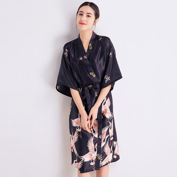 

wedding bride bridesmaid dressing gown black women robe summer kimono bathrobe satin nightgown printed home dress -xxl, Black;red