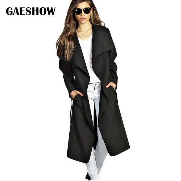 

gaeshow oversize long trench coat outwear casual warm wool coats 2018 winter coat women wide lapel belt pocket wool blend, Tan;black