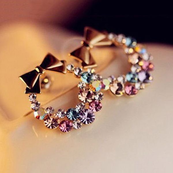 

crystal bow ear stud rhinestone bowknot earrings colorful bow stud earring for women fashion earring jewelry, Golden;silver