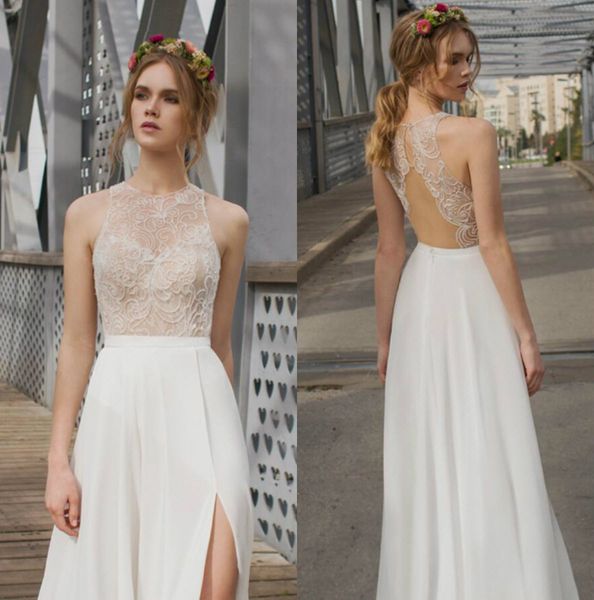 

thigh-high slits wedding dresses hollow back a line with lace applique chiffon bridal gowns deep v sheer neck boho wedding dress, White