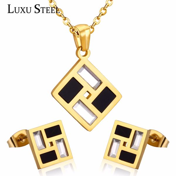

luxusteel unique style geometry gold color mix black color stainless steel necklace earring sets for women fashion jewelry sets, Silver