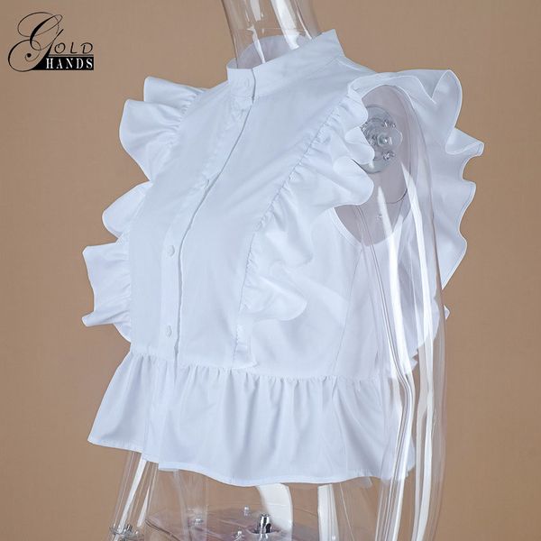 

Gold Hands Summer Sleeveless White Tunic Blouses Female Ladies Office Fashion Short Shirts Women Ruffled Button Down Crop Tops