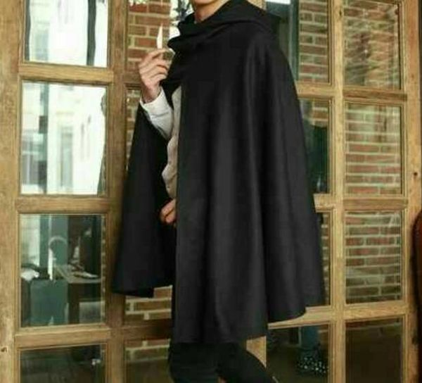

s-6xl 2018 spring male new fashion cloak long cape loose hooded woolen coat, Black
