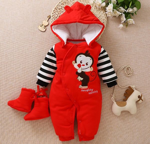 

new baby rompers winter thick warm baby boy clothing long sleeve hooded jumpsuit kids newborn outwear for 0-12m, Blue