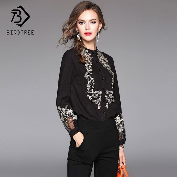 

european spring embroidery women blouses 2018 black lace patchwork elegance lantern sleeve shirt chiffon office 2xl t81228l, White
