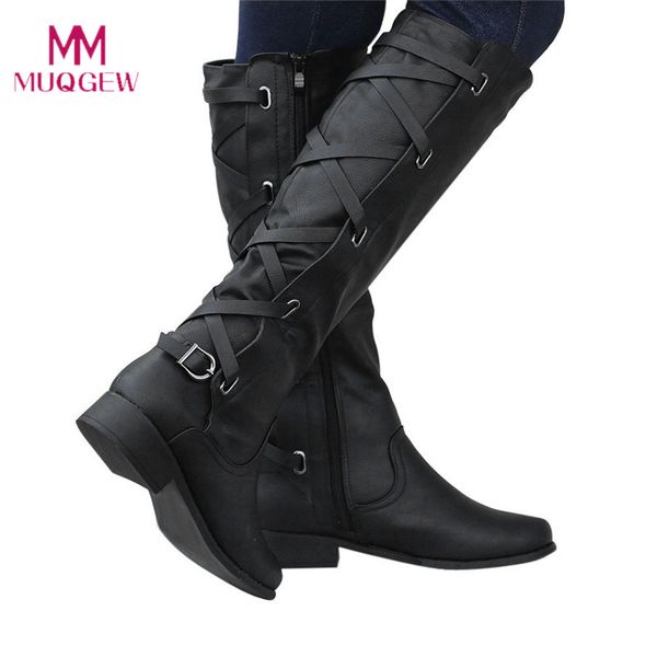 

muqgew botines mujer 2018 shoes woman ladies buckle roman riding knee high cowboy winter boots women long boots botas, Black