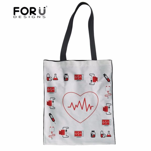 

forudesigns women canvas shopping bag nurse heart printed shoulder bag cotton eco for ladies girls daily linen sacola female