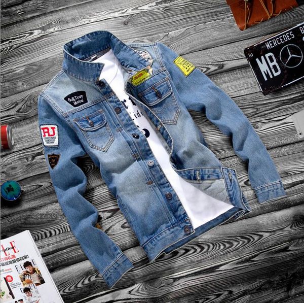 

denim jacket men trendy hole outerwear coat long sleeves teens korean version slim student preppy style thin section coat, Black;brown