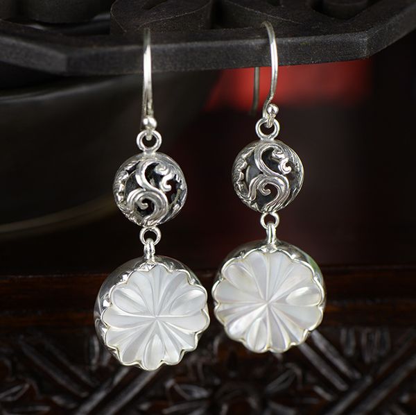 

ornaments wholesale archaize hollow-out thai silver shell carving flower earrings the earrings manufacturers selling, Golden;silver