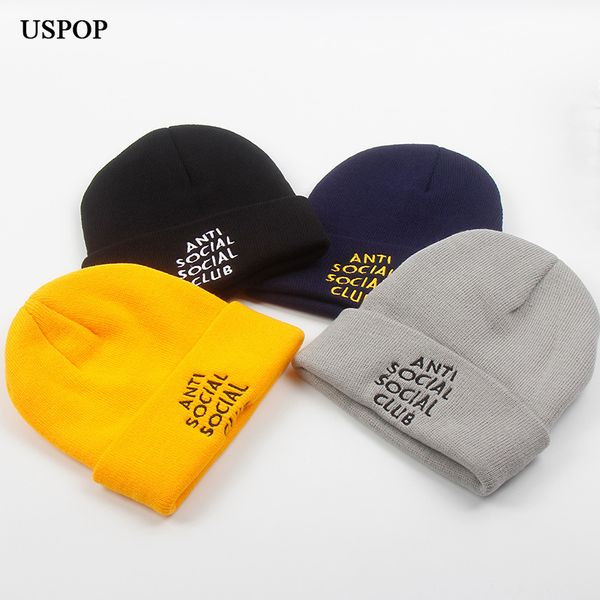 

uspop 2018 new winter cold hats women letter embroidery knitted beanies men casual letter knitting skullies couple hats