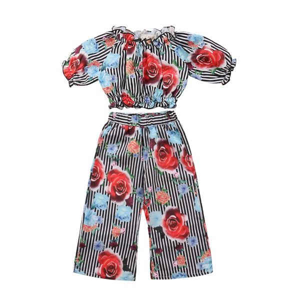 

2pcs kids baby girls summer off shoulder stripe +floral loose pants wide leg pants outfits set clothes 2-7y, White