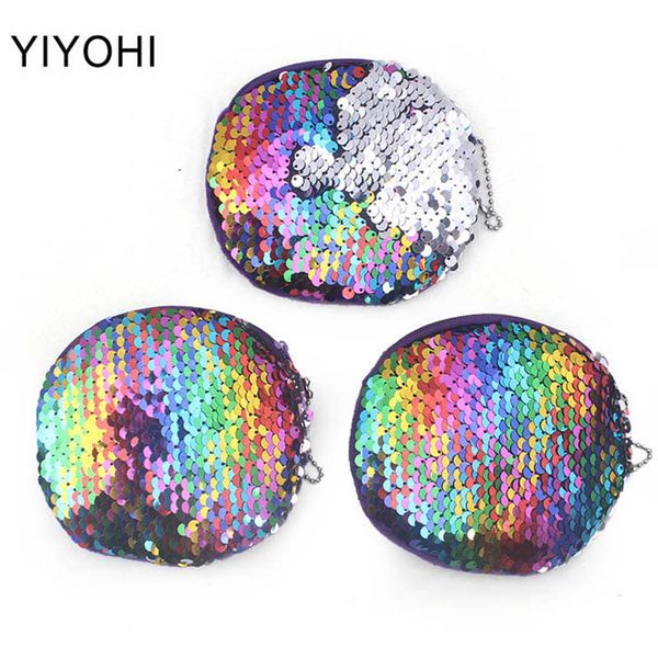 

colorful bling sequin double color coin bag wallet change purse zipper round clutch earphone cable storage card holder, Red;black