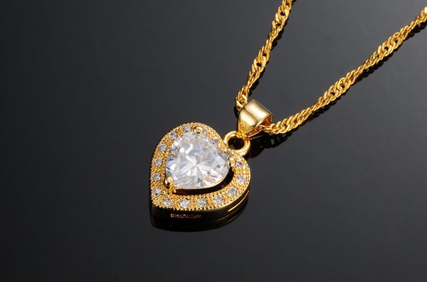 

золотой цвет мода любовника драгоценный камень циркон сердце кулон ожерелье 18k позолоченные медные цепи ожерелье ювелирные изделия подарок, Silver