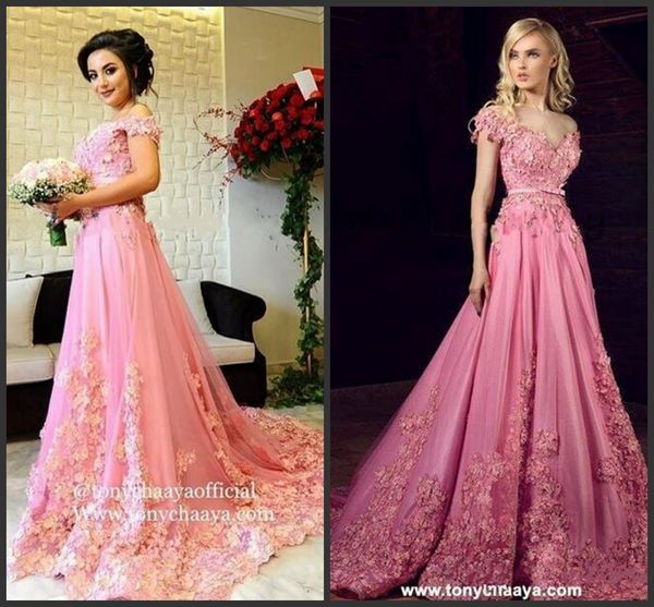 

2018 new pink 3d floral applique prom party dresses modest tony chaaya off shoulder dubai arabic kaftan full length evening princess dress, Black