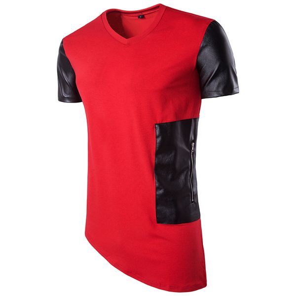 

New Trends Men Unregular T shirt Patchwork Leather Top Clothing Men Crew Neck T-shirt Summer Hip Hop Streetwear Shirts