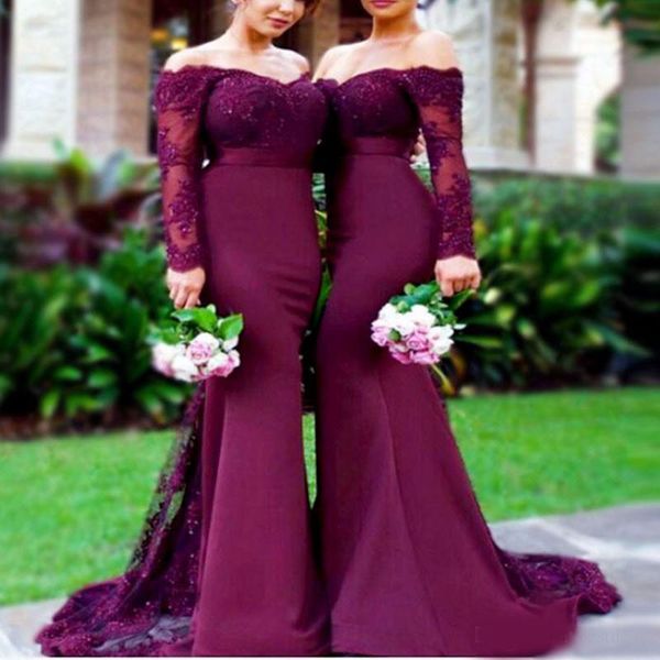 

burgundy lace appliques long sleeves mermaid bridesmaid dresses 2020 sweetheart off the shoulder sheer illusion bridal prom gown, White;pink