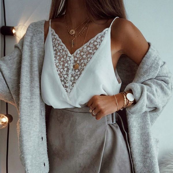 

2018 summer women's shirt new loose casual wild lace v-neck perspective halter women tank camis s0038, White