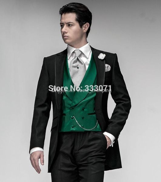 

custom tailor groom tuxedos black suit green vest notch lapel man groomsman men wedding party dress (jacket+pants+vest, White;black