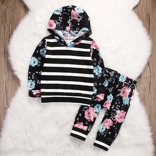 

baby girls floral stripe hooded sweatshirt pants outfits set tracksuit baby girl long sleeve printed set, White
