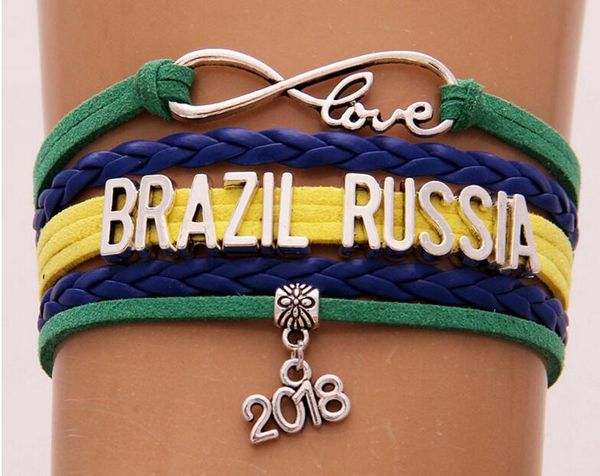 

инфинити лав браслет бразилия перу россия 2018 кубок мира ювелирные изделия кожа национальный флаг женщины мужчины браслеты подарок для люби, Golden;silver
