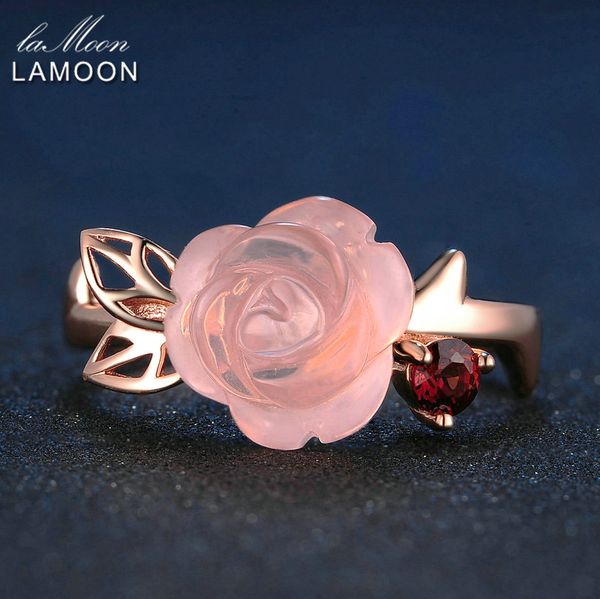 

lamoon engagement rings for women rose flower 100% natural pink romantic rose quartz 925 sterling silver fine jewelry anel ri025, Golden;silver
