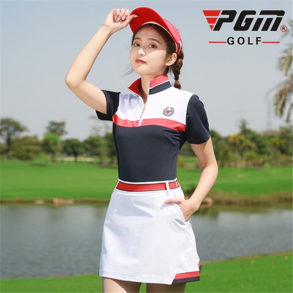 

pgm golf summer soft slim golf t-shirts breathable high elastic sport suit short sleeve polo short skirt for ladies aa60482, Black;blue
