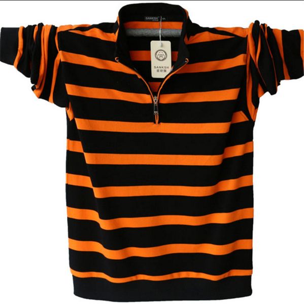 

men 's long sleeved polo shirt plus size striped stand collar cotton polo shirts casual mens lapel polo 4xl 5xl, White;black