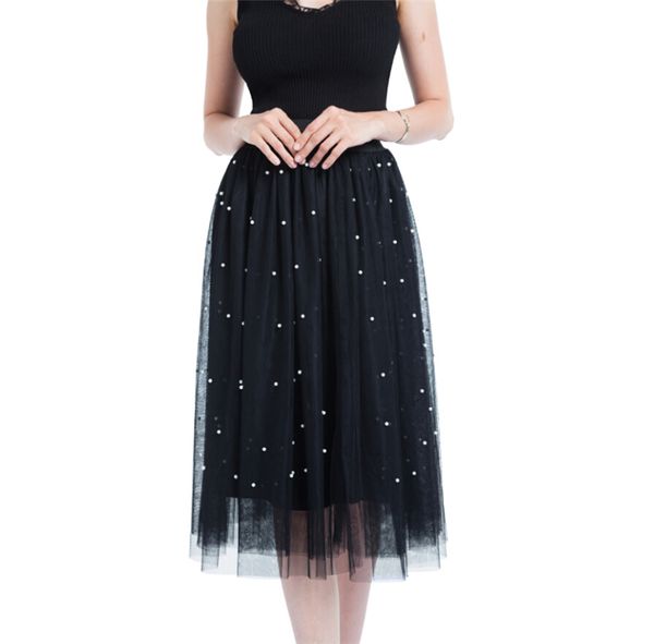 

new casual women summer mesh pearl skirts high waist ladies pleated casual loose skirts summer clothes for female, Black