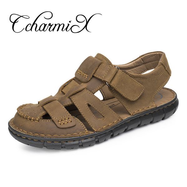 

ccharmix mens summer sandals men soft genuine leather casual beach men shoes fashion man outdoor breathable sandals, Black
