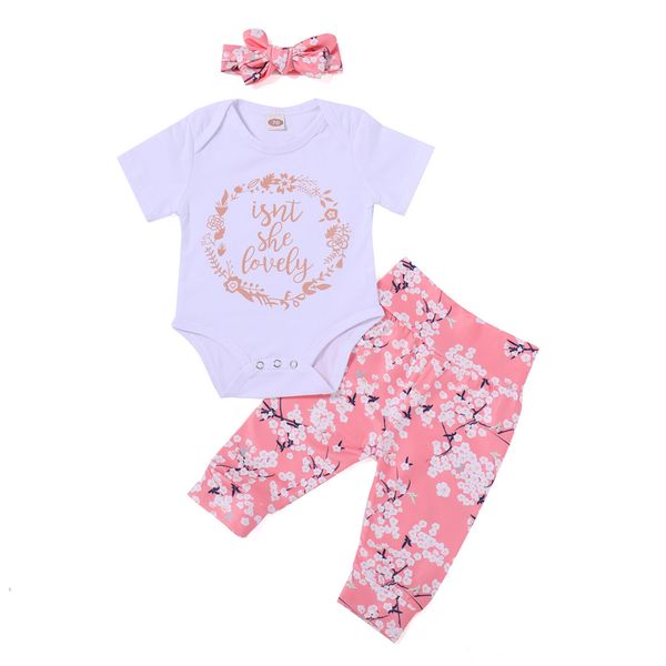 

3pcs/set newborn kid baby girl letters jumpsuit short sleeve romper+floral+pants+bow headband outfits baby clothing, White